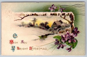 To Wish You A Bright Christmas, Violets, Snowy Rural Scene, 1913 Postcard