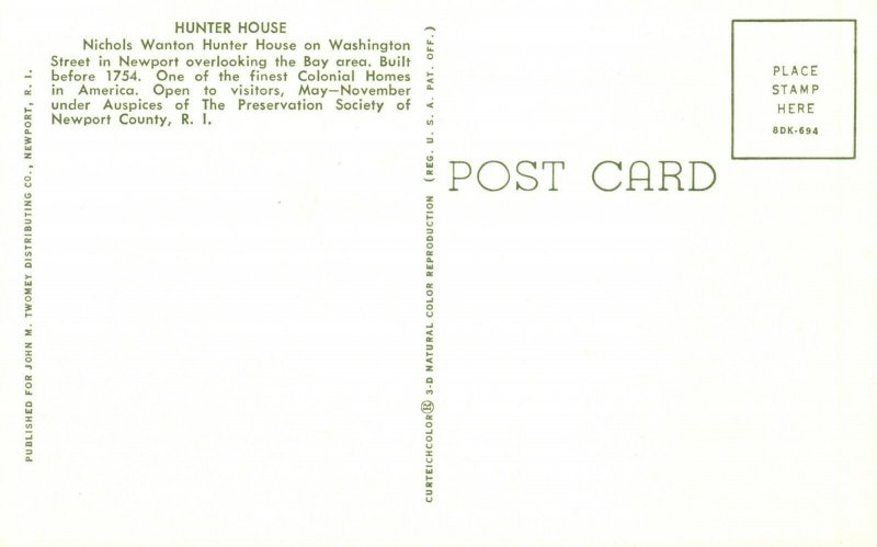 Vintage Postcard Nichols Wanton Hunter House Newport County Rhode Island RI