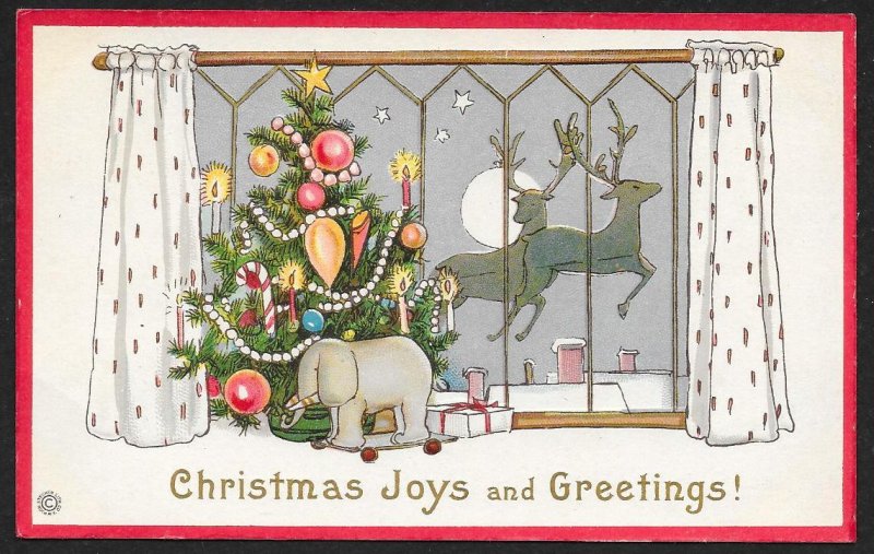 Christmas Joys & Greetings Decorated Tree & Presents Reindeer Unused c1910s