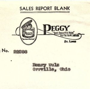 1930s PEGGY JUST BEAUTIFUL HATS ST LOUIS MO SALES REPORT BILLHEAD Z2504