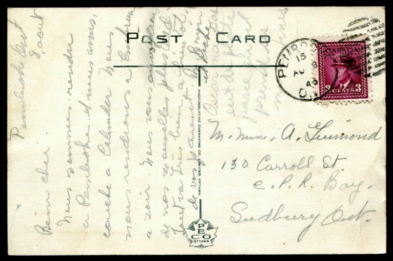 h3489 - PEMBROKE Ontario Postcard 1946 Post Office & Bridge