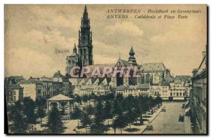 Old Postcard Antwerp Cathedral and Green Square