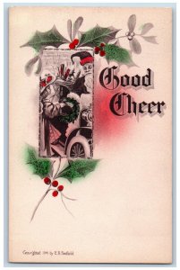 EB Scofield Artist Signed Postcard Christmas Holly Berries Santa Claus c1910's