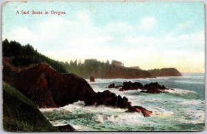 A Surf Scene In Oregon Big Rocks Ocean Waves Postcard