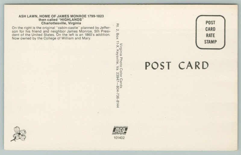 Charlottesville Virginia~James Monroe Ash Lawn~Standard Chrome Postcard