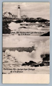 PORTLAND HEAD LIGHT HOUSE ME AFTER STORM ANTIQUE REAL PHOTO POSTCARD RPPC