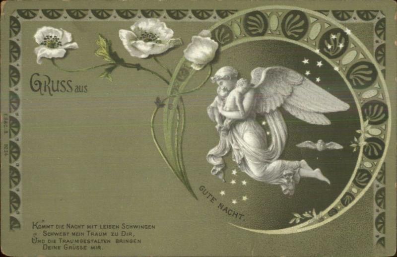 German Gruss Aus Art Nouveau Angel GUTE NACHT Poem c1900 Postcard