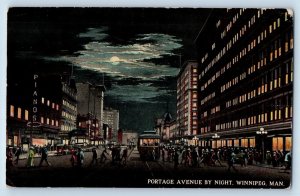 Winnipeg Manitoba Canada Postcard Portage Avenue By Night Trolley 1913 Antique