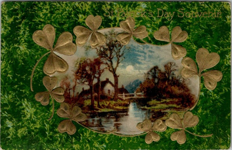 St Patrick's Day Beautiful Golden Clovers Country Scene 1910 Postcard U8