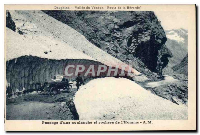 Old Postcard Passing an avalanche and rock Man Automotive