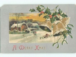 Pre-Linen christmas ICE COVERED GOLDEN BELLS IN WINTER SCENE k1668