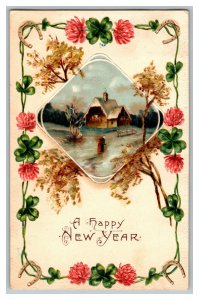 Postcard A Happy New Year Country House Scene Vtg. Standard View Embossed Card 