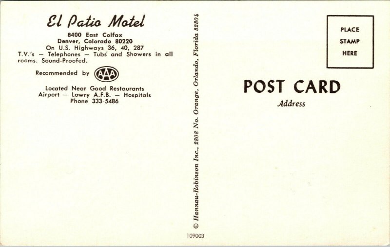 Vtg 1960s El Patio Motel Denver Colorado Roadside America Unused Postcard