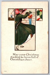 Christmas ART DECO~1920 Fashion Lady Hangs Stocking~Candle~Artist BPP~NASH C-204