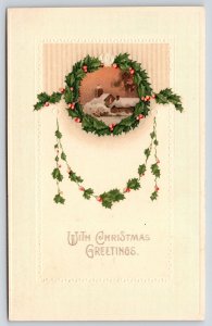 Christmas~Holly Berry Wreath Portal to Church~MSiB Vintage Postcard