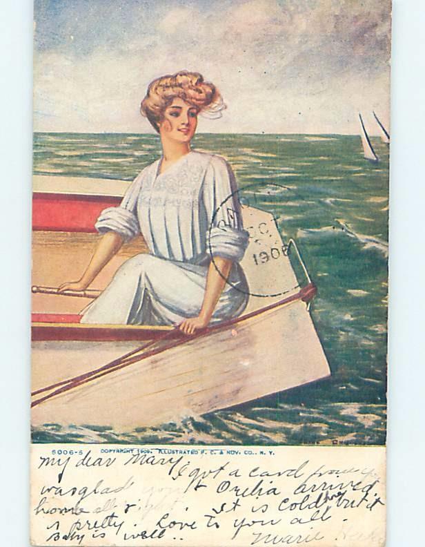 Pre-1907 art nouveau signed PRETTY GIRL SITTING IN SMALL BOAT HL4267