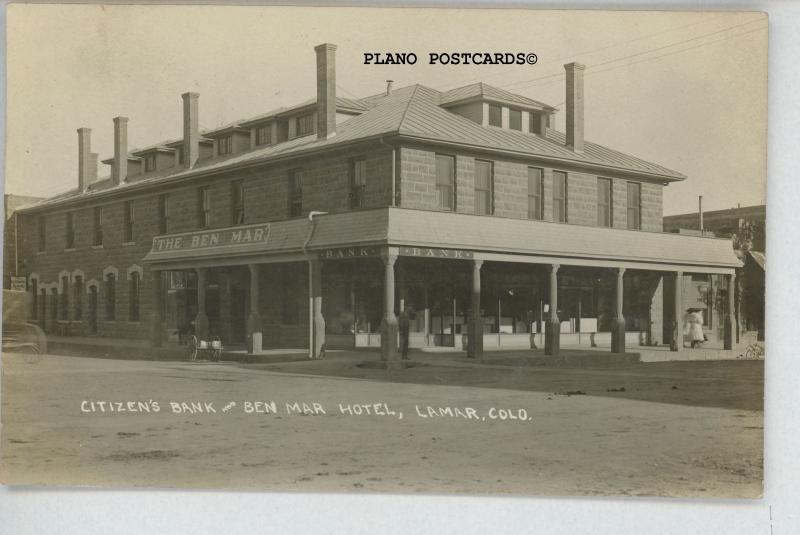 LAMAR, COLORADO CITIZENS BANK AND BEN MAR HOTEL RPPC Postcard