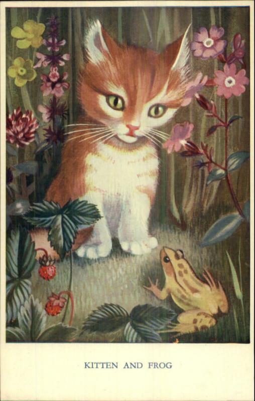 Cat - Kitten & Frog Flowers Heda Armour Medici Pk 299 Postcard