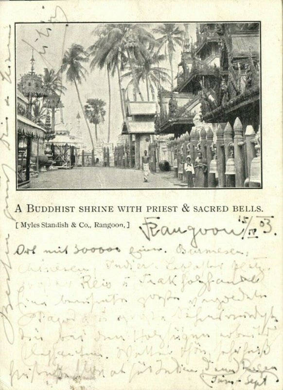 burma, RANGOON, Buddhist Shrine with Priest & Sacred Bells (1903) Court Card