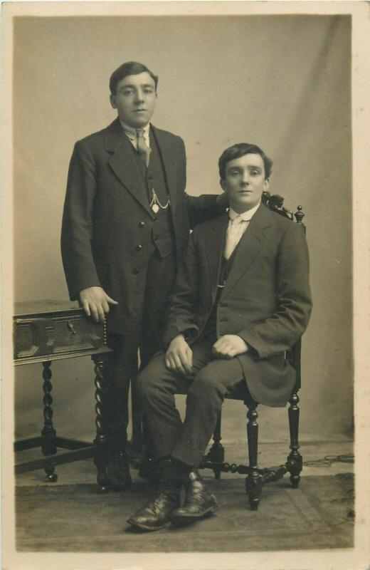 Group of men early photo postcards x 4