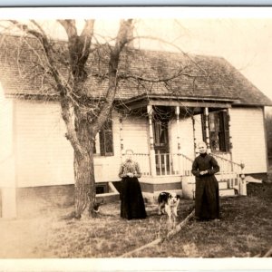 c1910s 2 Old Ladies & Cute Dog RPPC Small House in Autumn Real Photo PC A133