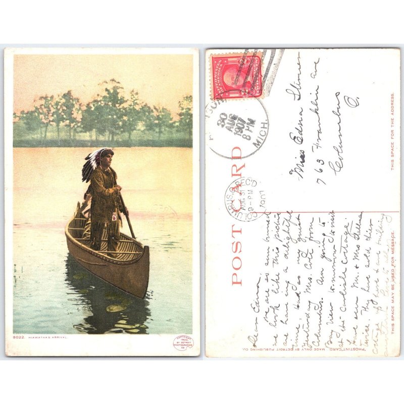 Postcard Hiawatha's Arrival Native American Canoe Scene 1907