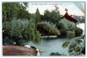 c1910 At West Lake Park Swan Patio Gazebo Trees Los Angeles California Postcard