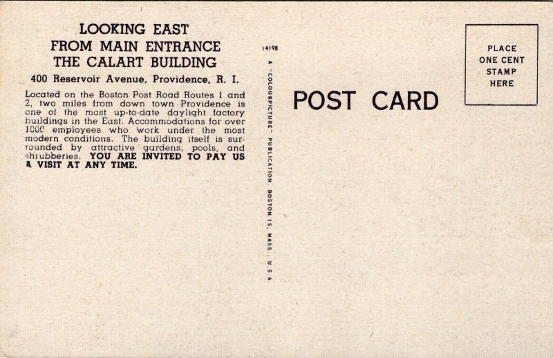 Linen Postcard Main Entrance Calart Building in Providence, Rhode Island~137618