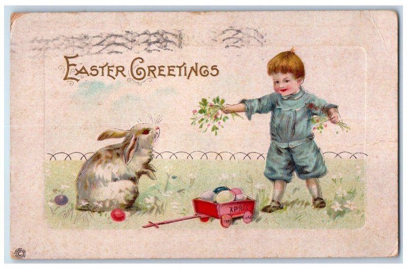 1924 Easter Greetings Little Boy Feeding Rabbit Eggs In Wagon Toy Postcard