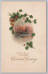 Holiday~Christmas~Holly Berries~Windmill~Gold Bells~Vintage Postcard