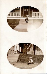 RPPC Toddler in Farmer outfit with plow or wheelbarrow sitting by house VELO