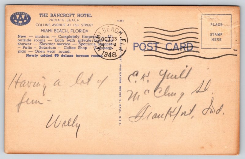 Miami Beach Florida~Bancroft Hotel Exterior View~Flag~Moderne~Linen 1948 PC