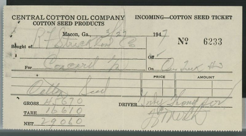 1947 Central Cotton Oil Company Macon Georgia Cotton Seed Ticket 387