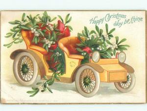 Pre-Linen Christmas ANTIQUE OLD CAR FULL OF MISTLETOE AB5319