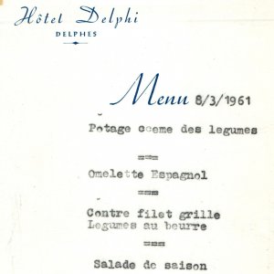 1961 Delphes, Greece Hotel Delphi Restaurant Dinner Menu French Paper Sheet 3U