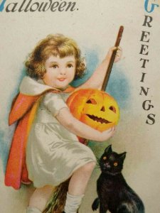 Vintage Halloween Postcard Black Cat Child Ellen Clapsaddle Wolf 21 Batavia NY