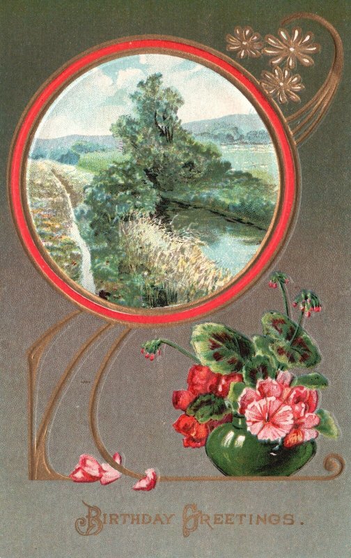 Vintage Postcard Happy Birthday Greetings Card Countryside Grass Mountain Nature