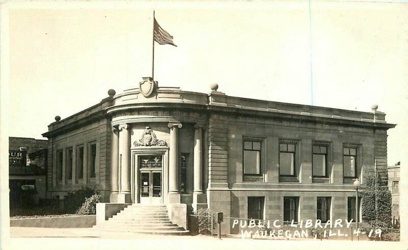 Flag Public Library Waukegan Illinois RPPC Photo #419 Postcard 20-505