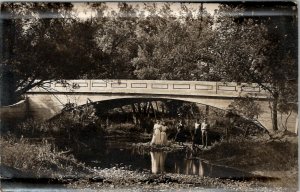 RPPC Beautiful View of Rustic Creek Arched Bridge People c1910 Photo Postcard W4