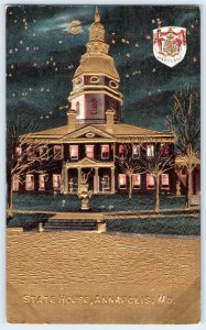 STATE HOUSE ANNAPOLIS MARYLAND EMBOSSED NIGHT SCENE GOLD MOONLIGHT STATE SEAL