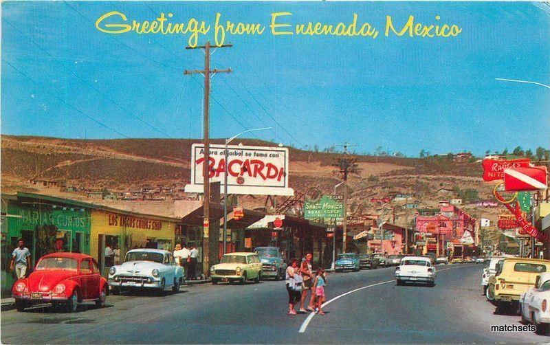 1950s Ensenada Mexico Street scene autos postcard 10519
