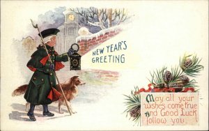 New Year's Colonial Man Dog Lantern Embossed c1910s Postcard