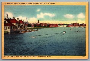 Postcard Cambridge MA c1940s Charles River Weld Boat Club Elliot Lowell Dunster