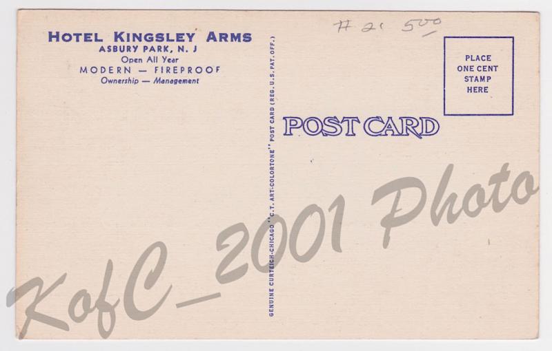 Hotel Kingsley Arms Asbury Park NJ New Jersey Curteich Vintage Postcard A14