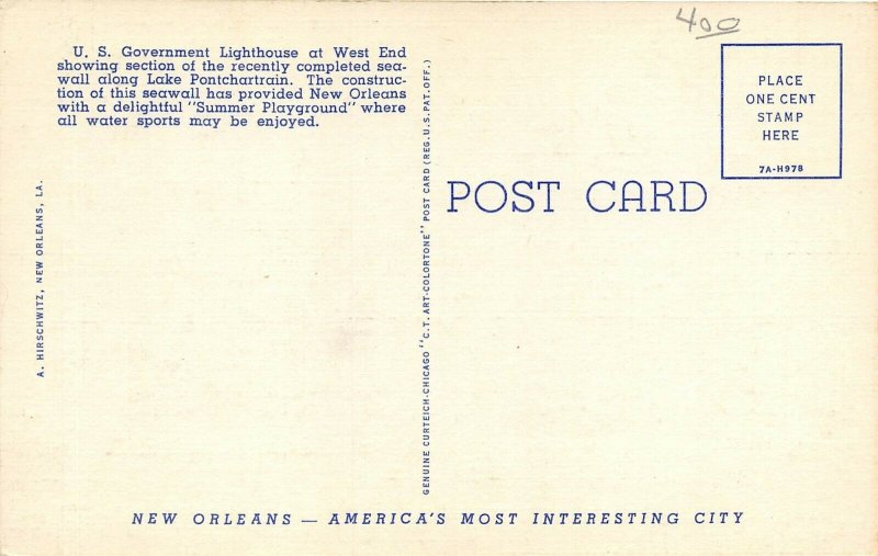 New Orleans Louisiana 1940s Postcard US Government Lighthouse Lake Pontchartrain