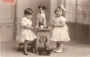 \Little girls and dog breakfast time\ Nice antique Postcard