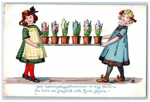 1911 Girls Carrying Sickle Flowers Sweden Brockton Massachusetts MA Postcard 