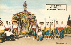 Linen Postcard Lion Dance New Chinatown Los Angeles CA Chinese American
