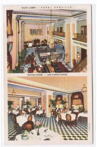 Interior lobby and dining room Hotel Danville Virginia linen postcard