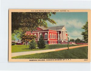 Postcard John Preston Mc Connell Library, Radford College, Radford, Virginia